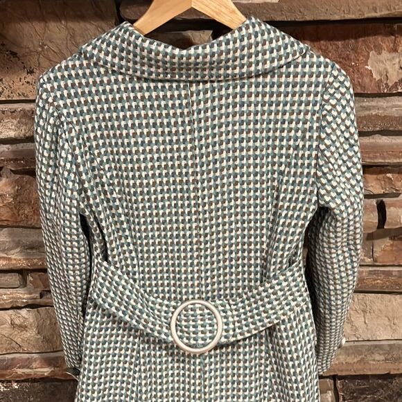 Vintage Y2K Kenzie Woven Brown and Turquoise Wool Blend Trench Coat - Picture 9 of 10